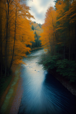 A River Running Through A Lush Green Forest. Generative AIの素材