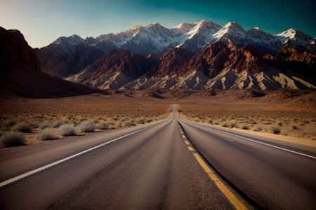 A Road In The Middle Of A Desert With Mountains In The Background. Generative AIの素材