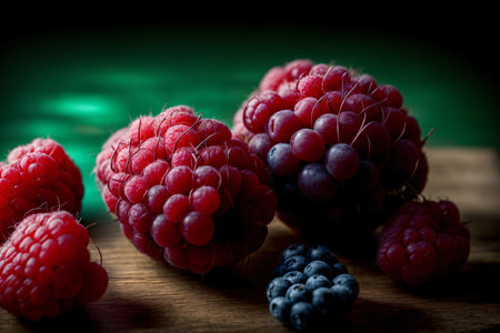 A Bunch Of Raspberries And Blueberries On A Table. Generative AIの素材