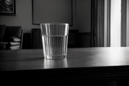 A Glass Sitting On Top Of A Wooden Table. Generative AIの素材
