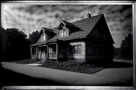 A Black And White Photo Of A House. Generative AIの素材