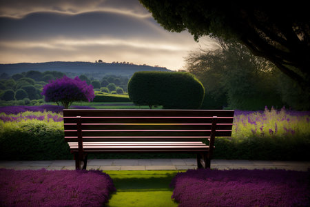 A Wooden Bench Sitting In Front Of A Lush Green Field. Generative AIの素材