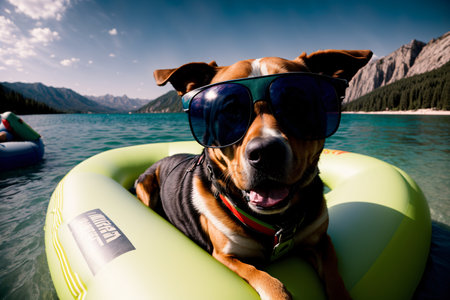 A Dog Wearing Sunglasses Sitting On An Inflatable Raft. Generative AIの素材