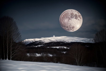 A Full Moon Rising Over A Snowy Mountain Range. Generative AIの素材