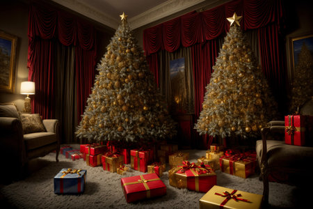 A Living Room Filled With Lots Of Presents Under A Christmas Tree. Generative AIの素材