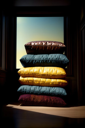 A Stack Of Pillows Sitting In Front Of A Window. Generative AIの素材
