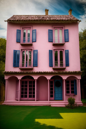 A Pink House With Blue Shutters And A Green Lawn. Generative AIの素材
