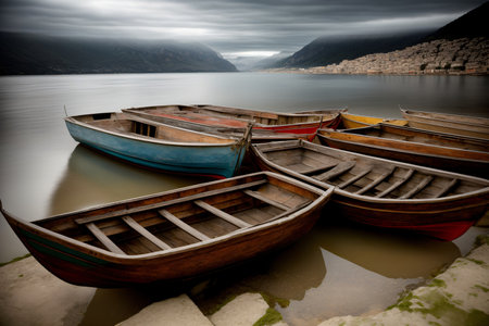 A Group Of Boats Sitting On Top Of A Lake. Generative AIの素材