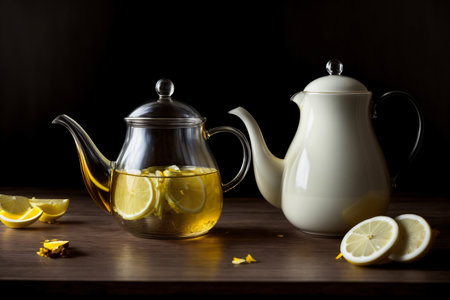 A Tea Pot Filled With Lemon Slices Next To A Cup Of Tea. Generative AIの素材
