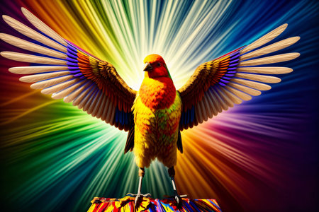 A Colorful Bird Sitting On Top Of A Bag. Generative AIの素材