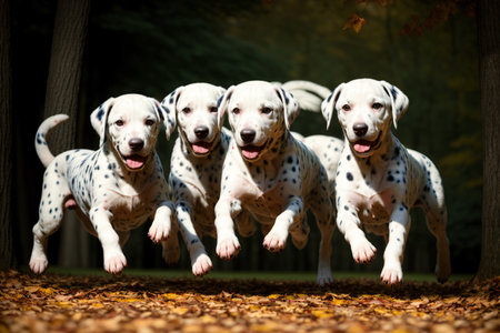 A Group Of Five Dalmatian Dogs Jumping In The Air. Generative AIの素材