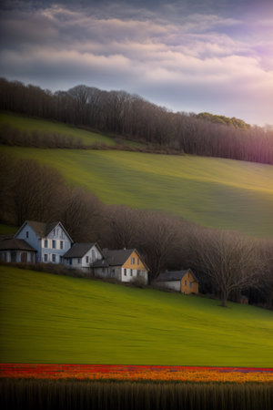 A Painting Of Houses On A Hill With Trees In The Background. Generative AIの素材