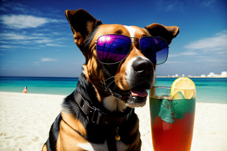 A Dog With Sunglasses And A Drink On The Beach. Generative AIの素材