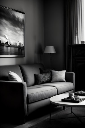 A Black And White Photo Of A Living Room. Generative AIの素材
