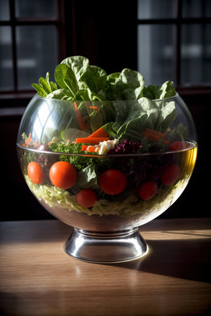 A Glass Bowl Filled With Lettuce And Tomatoes. Generative AIの素材