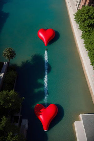 A Couple Of Red Hearts Floating On Top Of A Body Of Water. Generative AIの素材