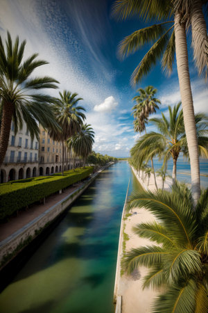 A Palm Tree Lined Walkway Next To A Body Of Water. Generative AIの素材