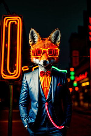 A Fox Wearing Glasses And A Suit Standing Next To A Neon Sign. Generative AIの素材