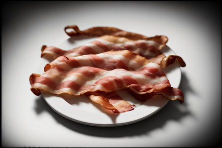 A White Plate Topped With Bacon Strips On Top Of A Table. Generative AIの素材