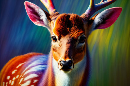 A Painting Of A Deer With Multicolored Antlers. Generative AIの素材