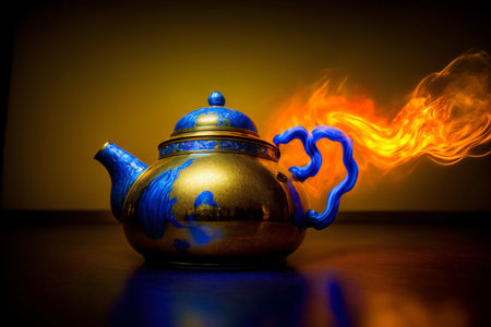 A Blue And Gold Teapot With Flames Coming Out Of It. Generative AIの素材