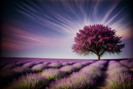 A Lone Tree In The Middle Of A Lavender Field. Generative AIの素材