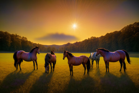A Group Of Horses Standing On Top Of A Lush Green Field. Generative AIの素材