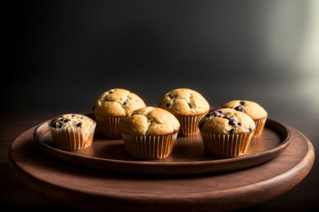 A Wooden Plate Topped With Muffins On Top Of A Table. Generative AIの素材