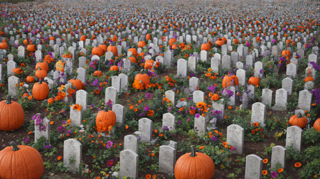 A Cemetery Filled With Lots Of Pumpkins And Flowers. Generative AIの素材