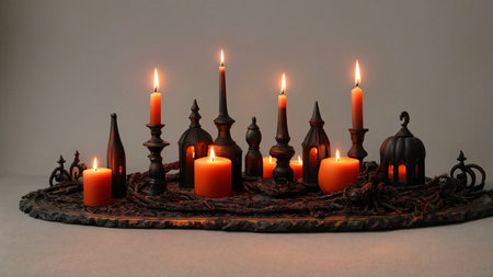 A Group Of Lit Candles Sitting On Top Of A Table. Generative AIの素材
