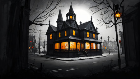 A Black And White Photo Of A Creepy House. Generative AIの素材