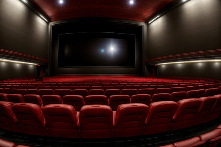An Empty Theater With Red Seats And A Projector Screen. Generative AIの素材