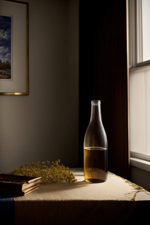 A Bottle Sitting On Top Of A Table Next To A Window. Generative AIの素材