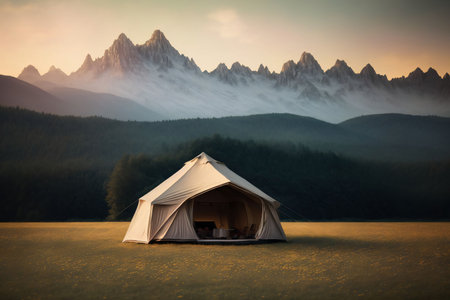 A Tent In A Field With Mountains In The Background. Generative AIの素材