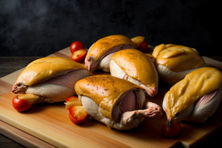 A Wooden Cutting Board Topped With Chicken Wrapped In Cheese. Generative AIの素材