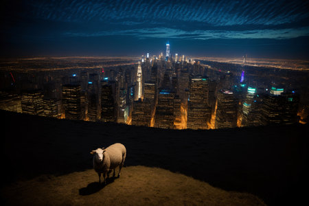 A Sheep Standing In The Middle Of A City At Night. Generative AIの素材