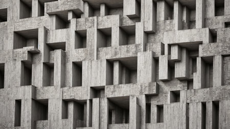A Black And White Photo Of A Building Made Of Blocks. Generative AIの素材