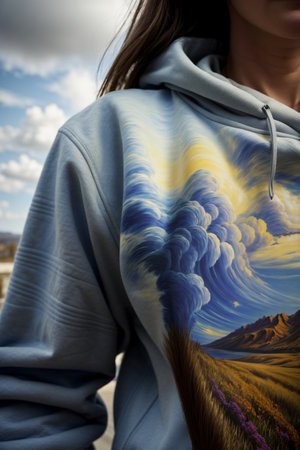 A Woman Wearing A Hoodie With A Painting On It. Generative AIの素材