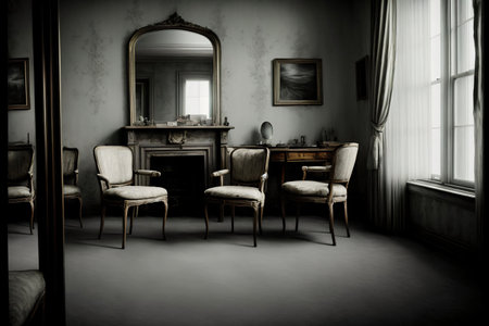 A Room With Two Chairs, A Table And A Mirror. Generative AIの素材