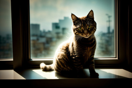 A Cat Sitting On Top Of A Window Sill. Generative AIの素材