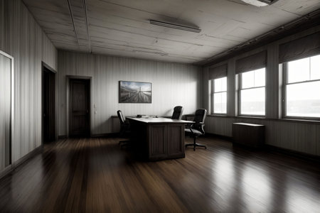 An Empty Room With A Desk And Two Chairs. Generative AIの素材