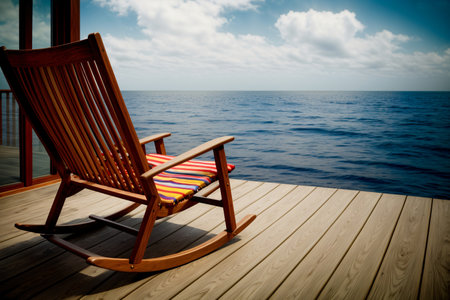 A Wooden Rocking Chair Sitting On Top Of A Wooden Deck. Generative AIの素材