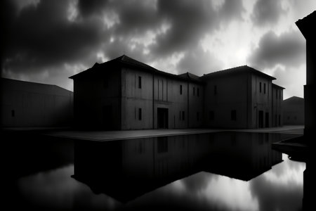 A Black And White Photo Of A Building Next To A Body Of Water. Generative AIの素材