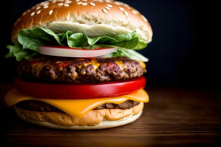 A Hamburger Sitting On Top Of A Wooden Table. Generative AIの素材