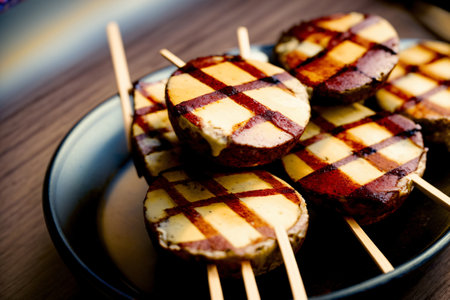 Several Skewers Of Food On A Plate On A Table. Generative AIの素材