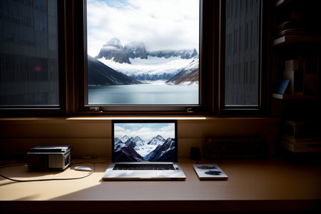 A Laptop Computer Sitting On Top Of A Wooden Desk. Generative AIの素材