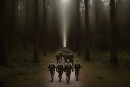 A Group Of Soldiers Walking Through A Dark Forest. Generative AIの素材