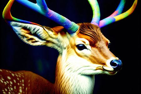 A Close Up Of A Deer With Multicolored Horns. Generative AIの素材