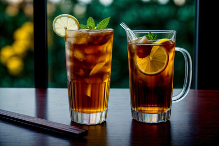 Two Glasses Of Tea Sit On A Table. Generative AIの素材