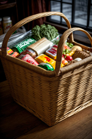 A Wicker Basket Filled With Food On Top Of A Wooden Table. Generative AIの素材